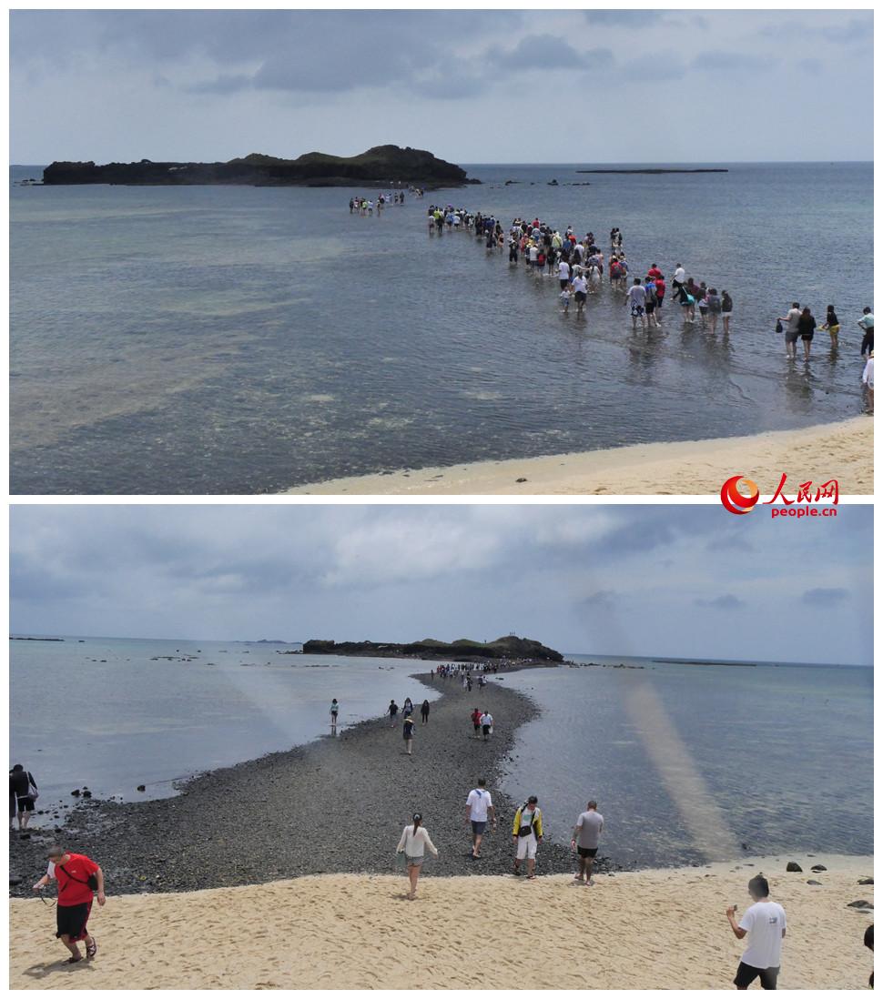 涨潮的时候是大海相隔（图上），退潮后，沙滩和小岛之间显现出一条S型砾石步道，将大海一分为二（图下）。人民网记者赵艳红摄