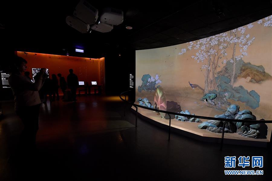 1月8日，在台北故宮博物院郎世寧新媒體藝術展上，游客欣賞運用多媒體方式再現的《孔雀開屏圖》。