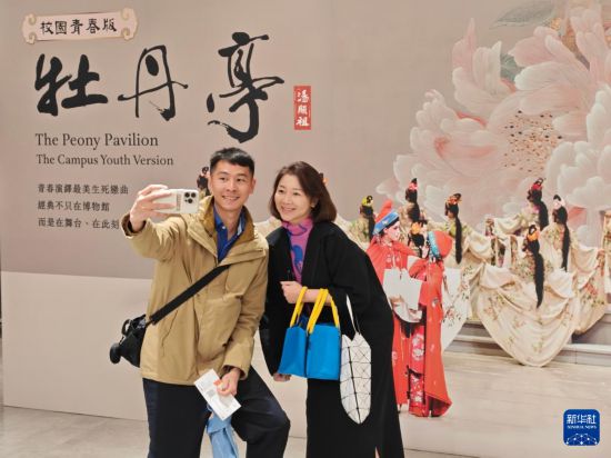 　1月15日晚，由大陆青年学生演绎的校园青春版《牡丹亭》在台北城市舞台首度与台湾观众相见。演出开始前，观众在入口处的展板前留影。新华社记者 王承昊 摄